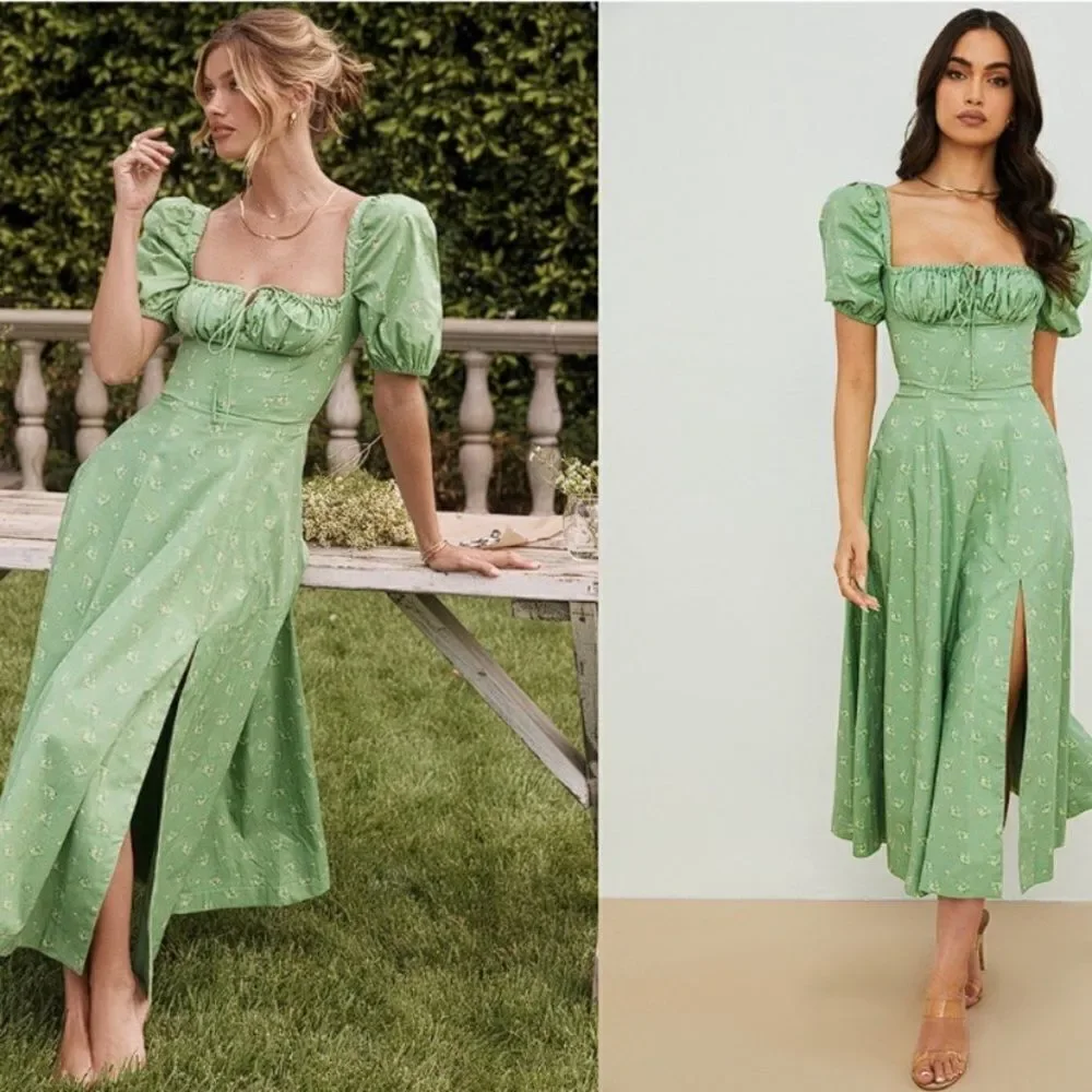 House of Cb Tallulah Olive Midi Green Dress Floral Puff Sleeve Size XS - Picture 10 of 14